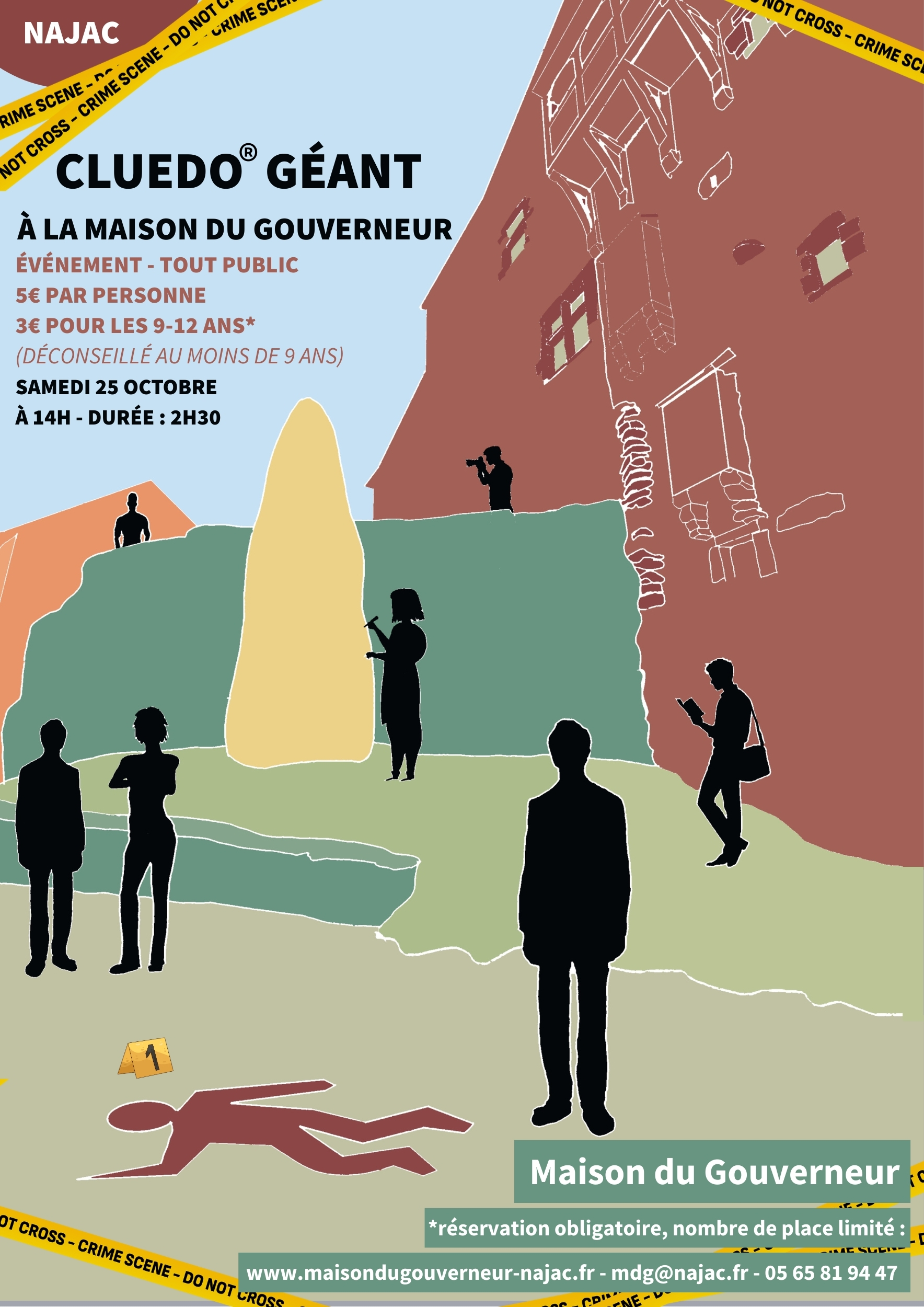 Dessin Graphique représentant la Maison du Gouverneur à Najac, avec la langue de Najac. Avec des silhouettes représentant les suspects de notre Cluedo Géant qui aura lieu de 25 octobre 2025. Une enquête à élucider en famille ou entre ami
